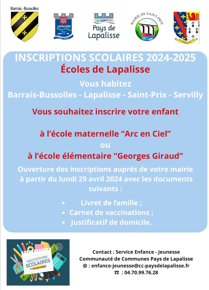 Écoles maternelle et élémentaire de Lapalisse - INSCRIPTIONS SCOLAIRES 2024-2025